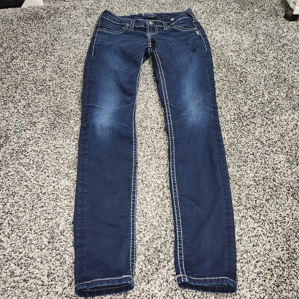 Silver Aiko Mid Rise Super Skinny Jeans, Stretch Darkwash Women's W27/L31 Bling